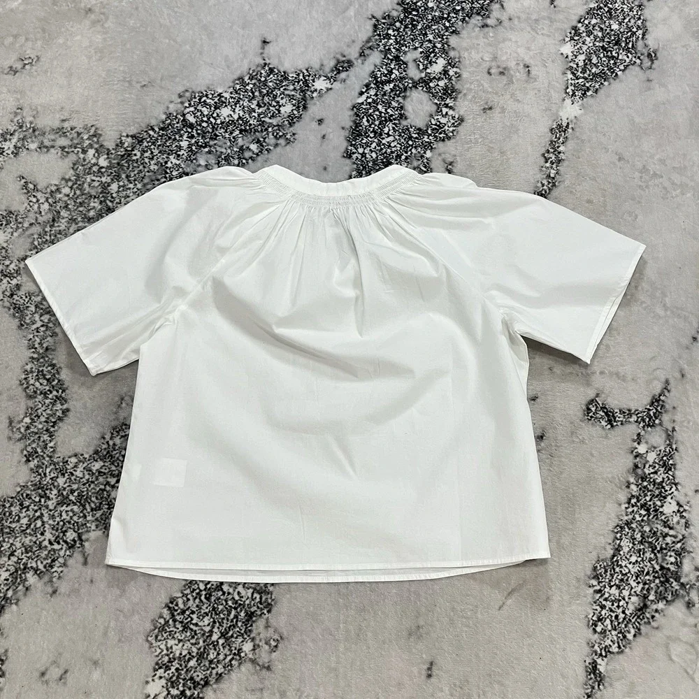 Quince Organic Cotton Poplin White Blouse Womens Size M Split Neck Tie Top - Picture 6 of 12
